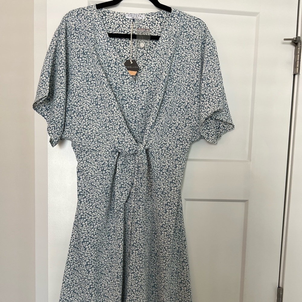 NWT Pinkblush Blue Printed V-Neck Drop Shoulder Dress
